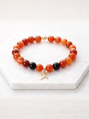 Aries Carnelian Crystal Bracelet Gold Zodiac Charm Beaded Stretch Jewelry